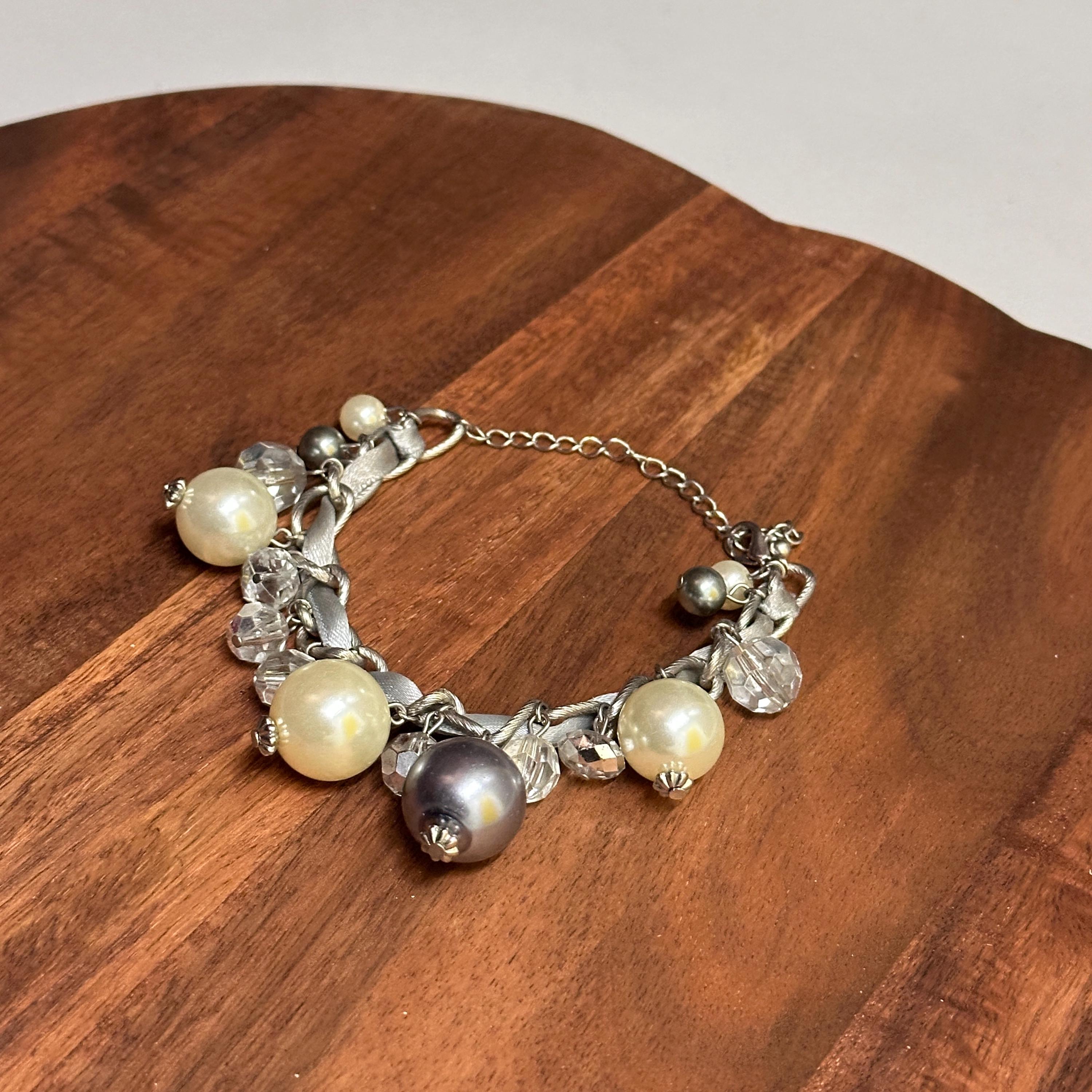 Vintage Unique Oversized Pearl Diamante Bracelet Woven Charms Gift