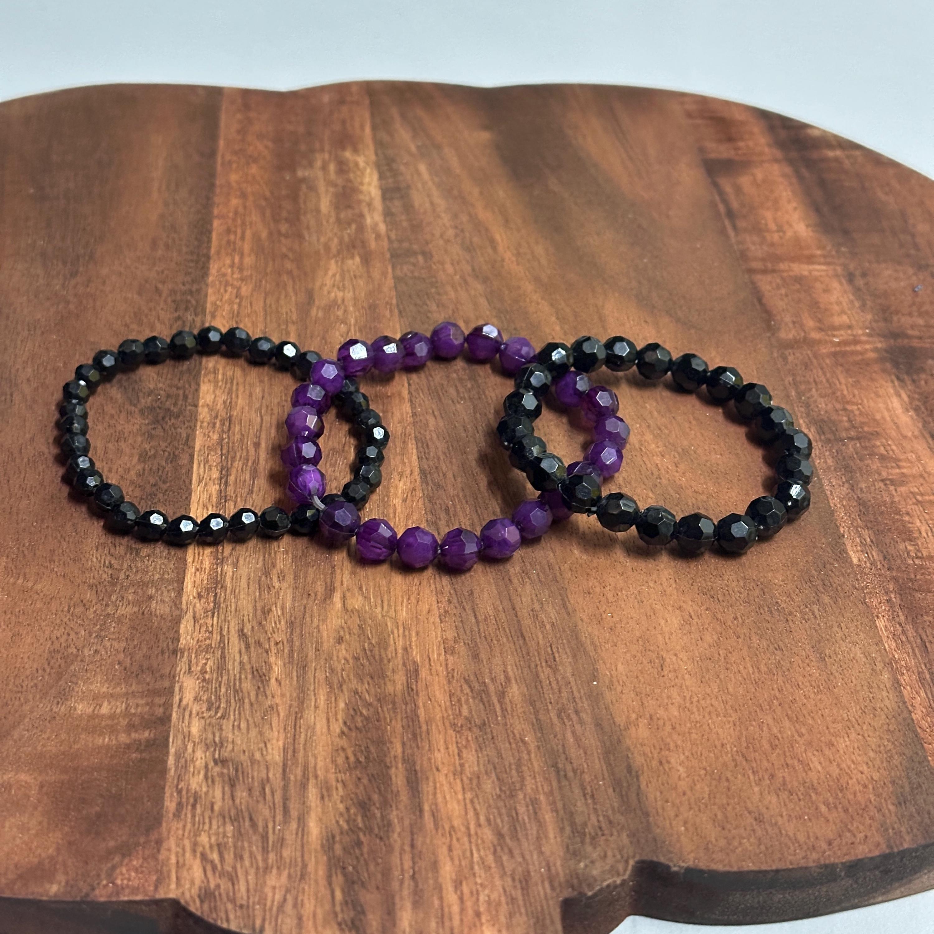 Vintage Black/Purple Beaded Bracelet Bundle 3 Pieces Stretchy Beads
