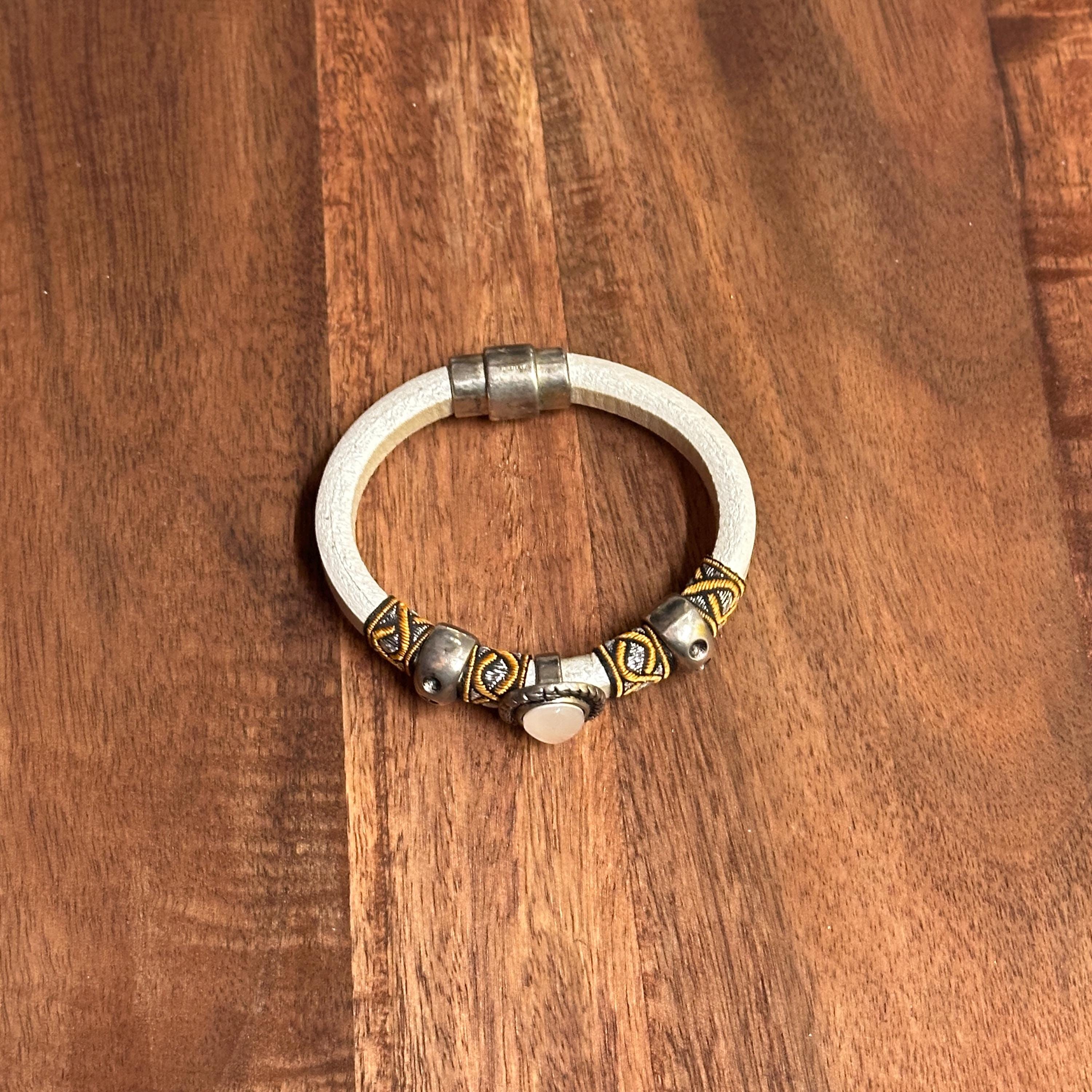 Vintage Unique Cream Tribal Gemstone Bangle Ethnic Hippie Boho Bracelet Gift