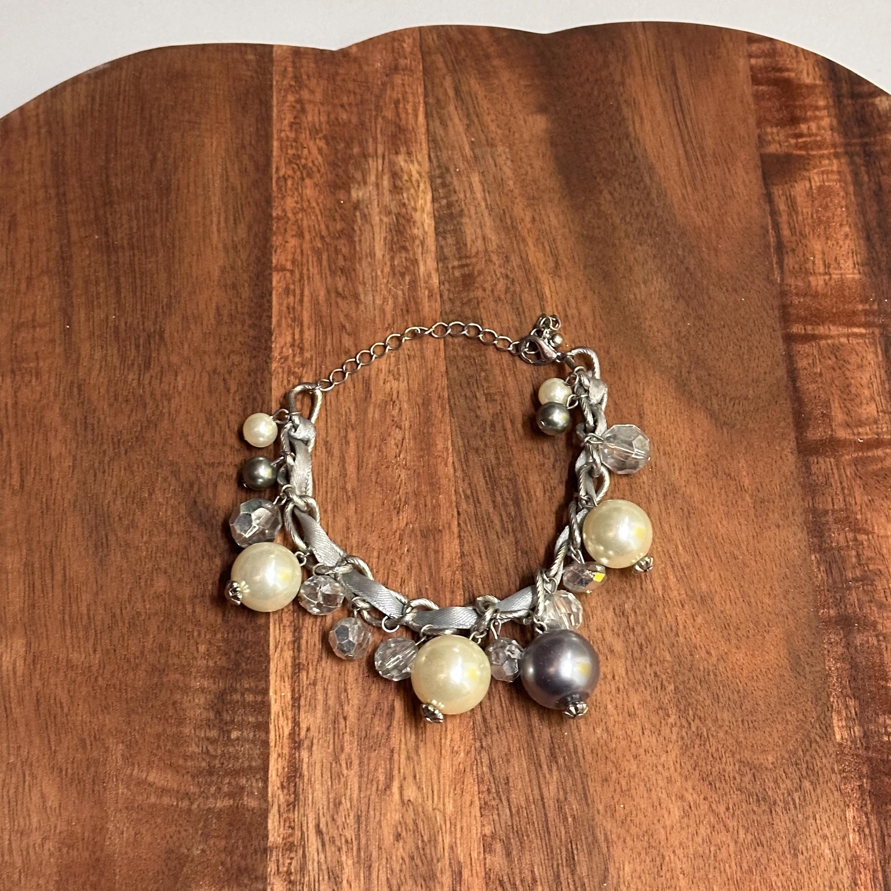 Vintage Unique Oversized Pearl Diamante Bracelet Woven Charms Gift