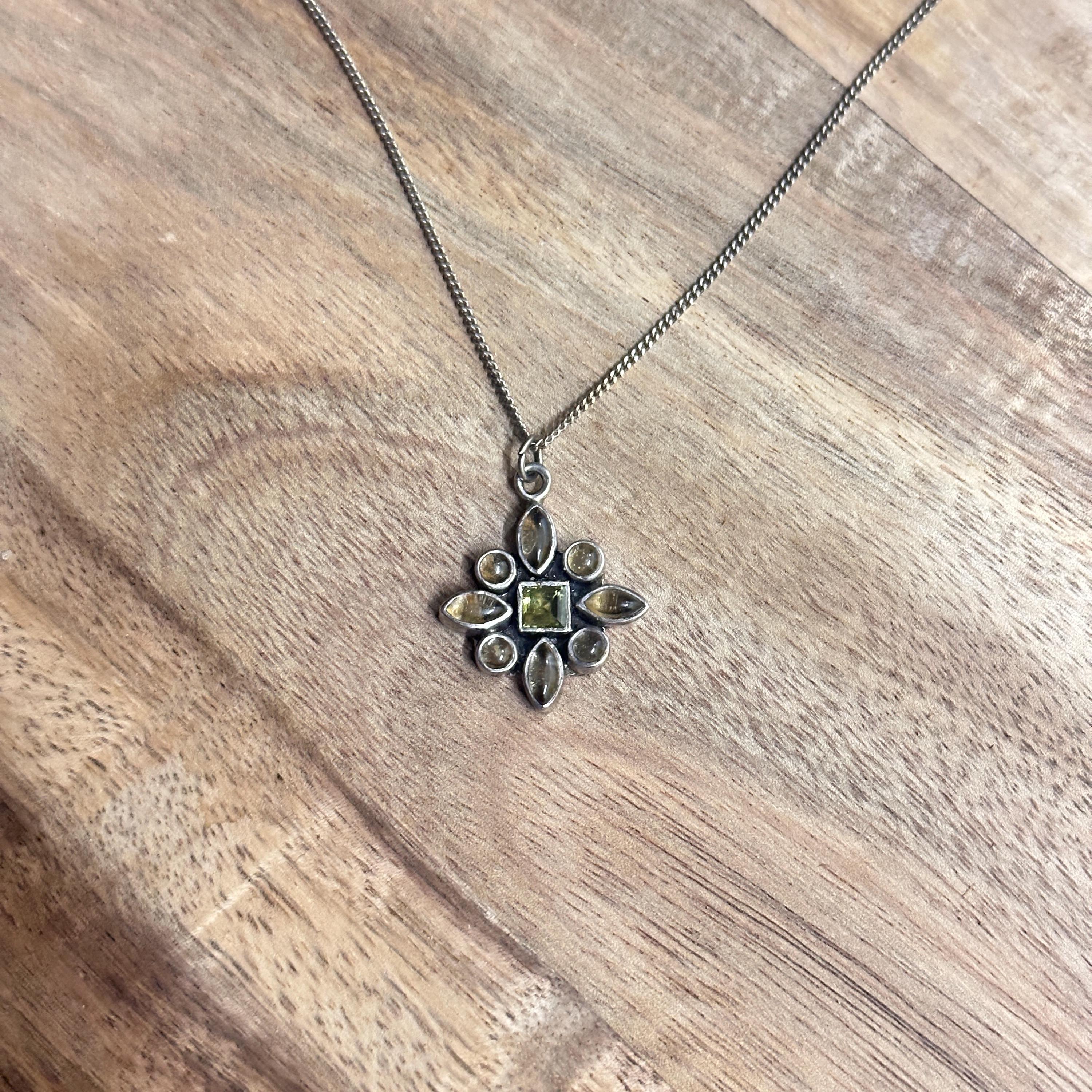 Vintage Mid-Century Silver Flower Pendant Necklace Green Gem 925 Sterling Silver Gift