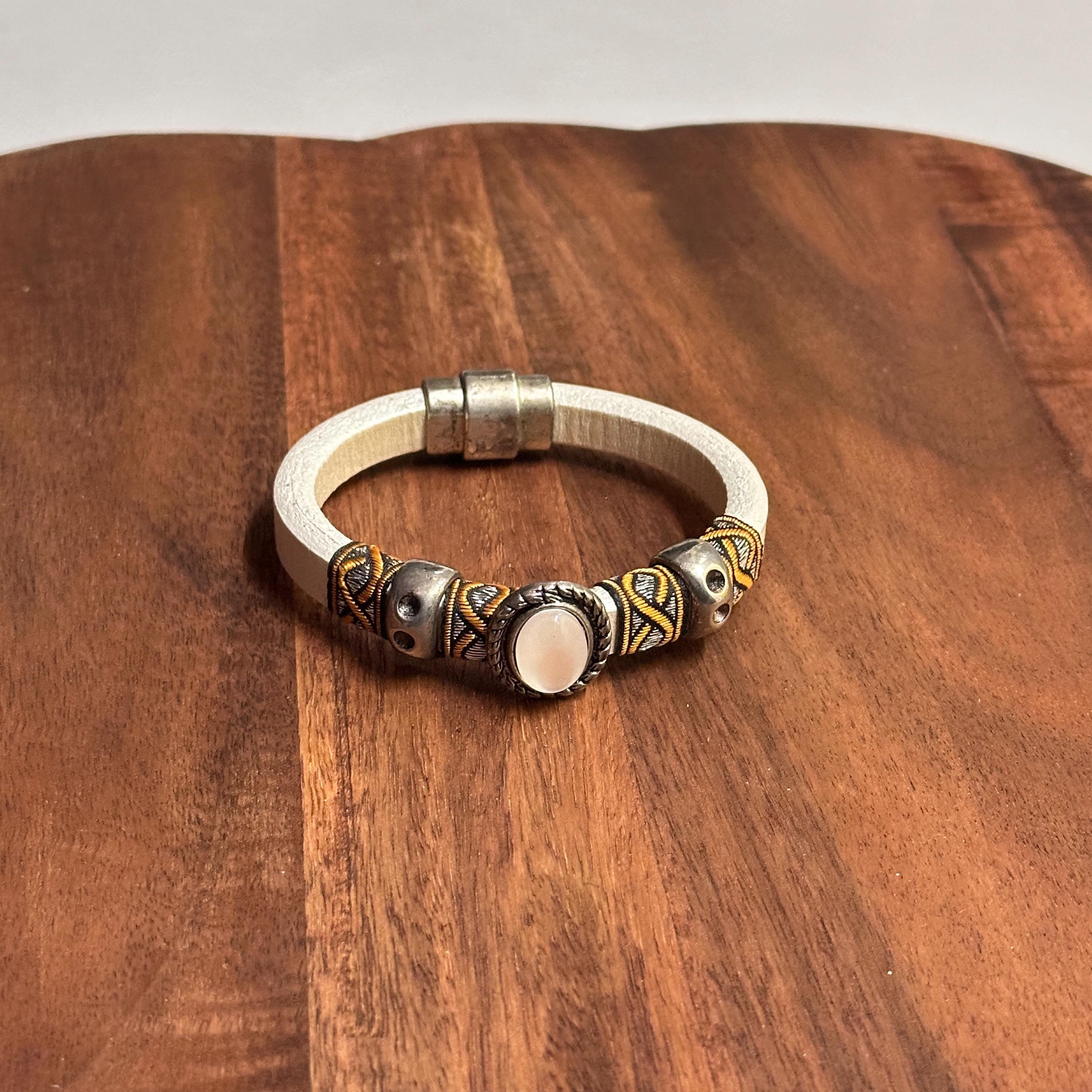 Vintage Unique Cream Tribal Gemstone Bangle Ethnic Hippie Boho Bracelet Gift