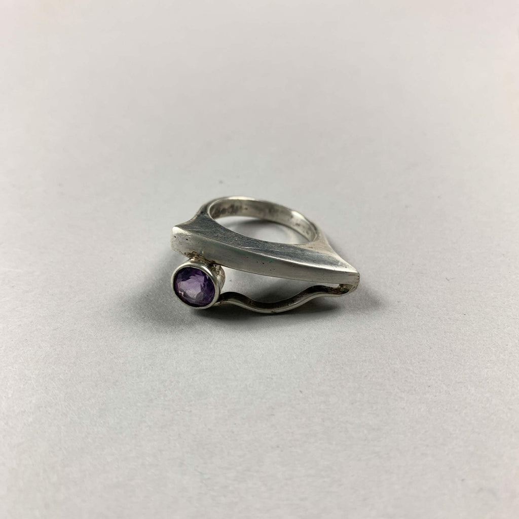 Vintage Rare Unique 925 Sterling Silver Amethyst Geometric Minimalist Style Heavy Ring Gift - Size Q