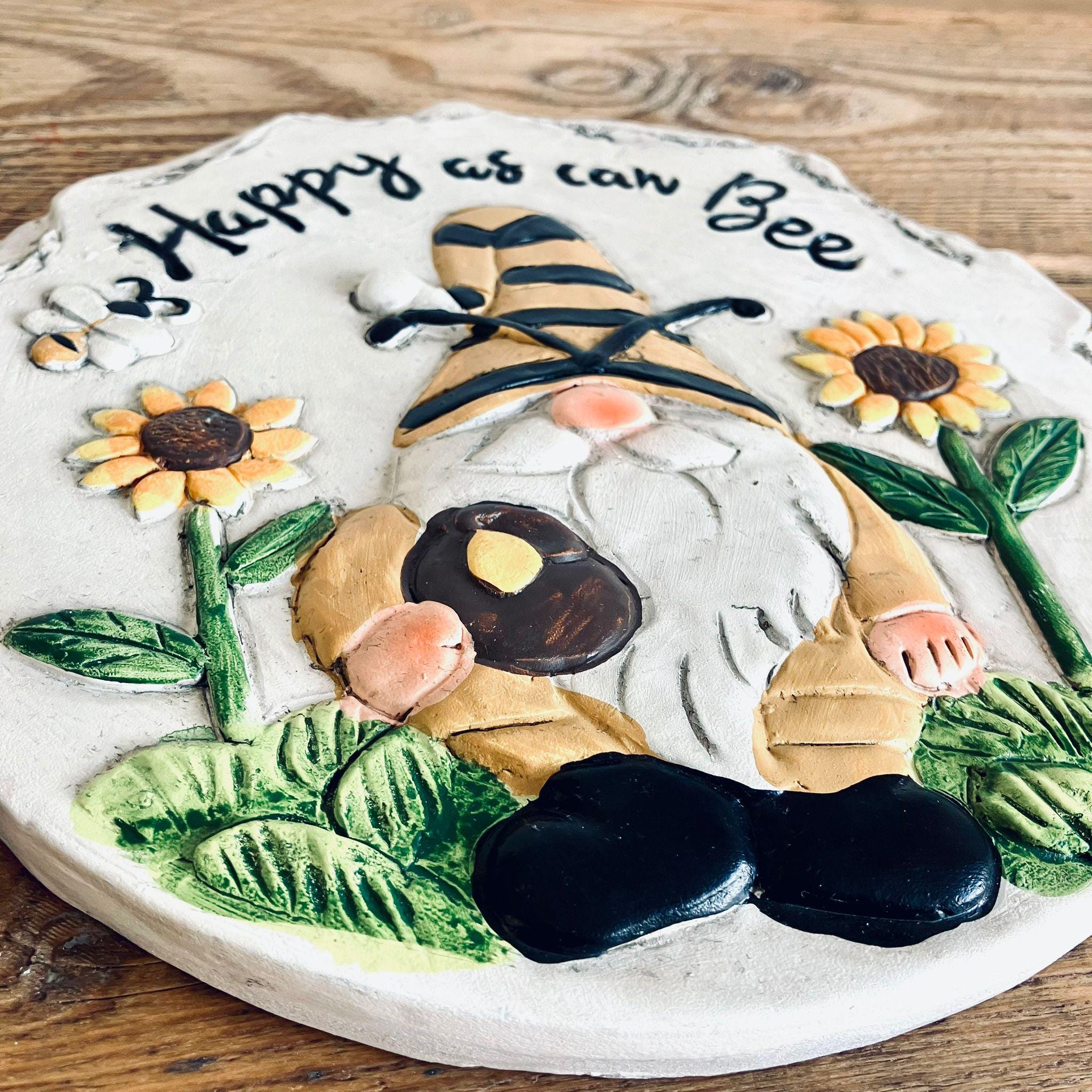 Novelty Painted Garden Gnome Stepping Stone Decoration Happy As Can Be Quote Heavy Weight