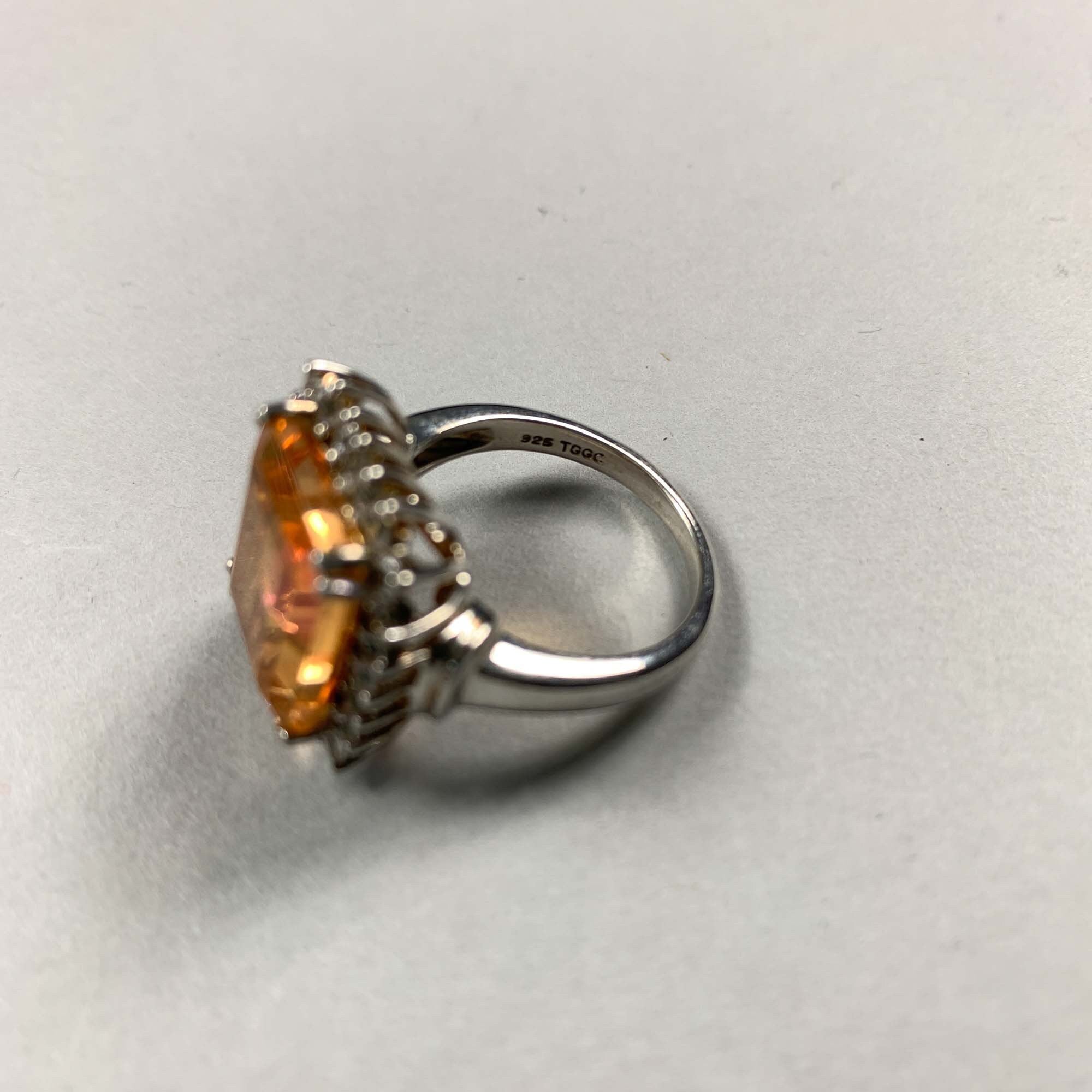 Vintage Unique 925 Sterling Silver Padparadscha Quartz & White Topaz Ring - P