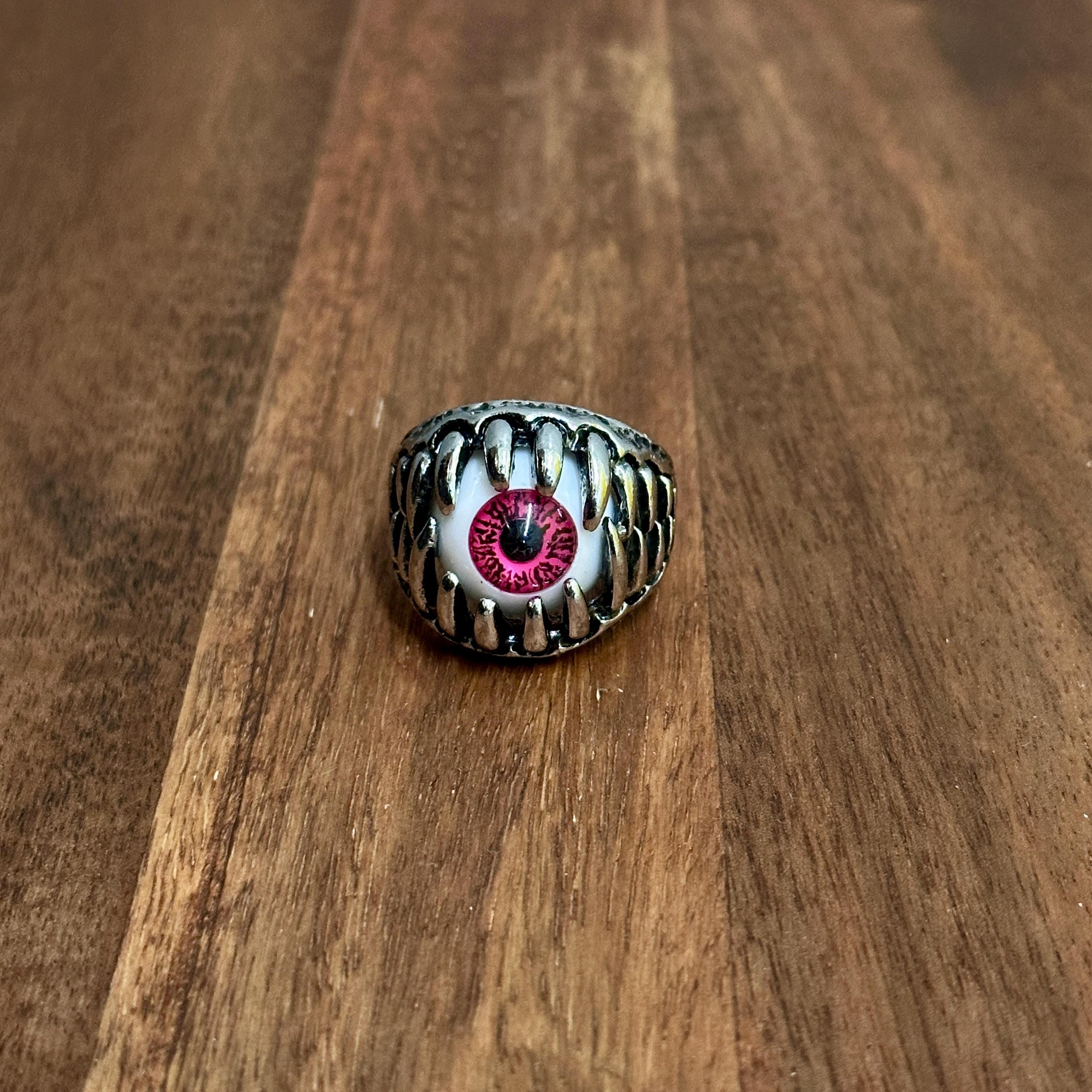Novelty Party Horror Eyeball Teeth Ring Dark Silver Tone - Size X