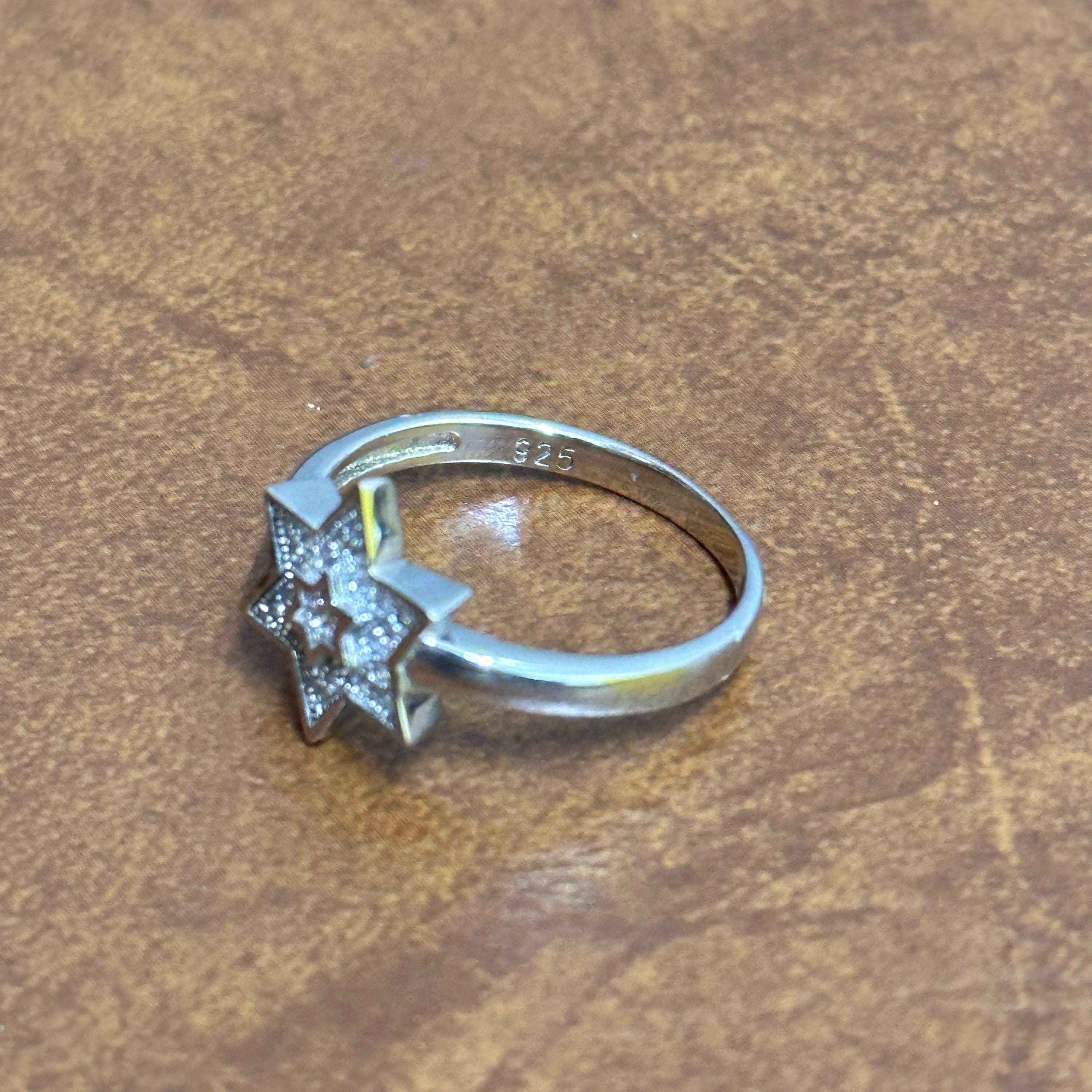 Vintage 925 Solid Silver Clear Diamanté Cluster Star Ring - Size Q
