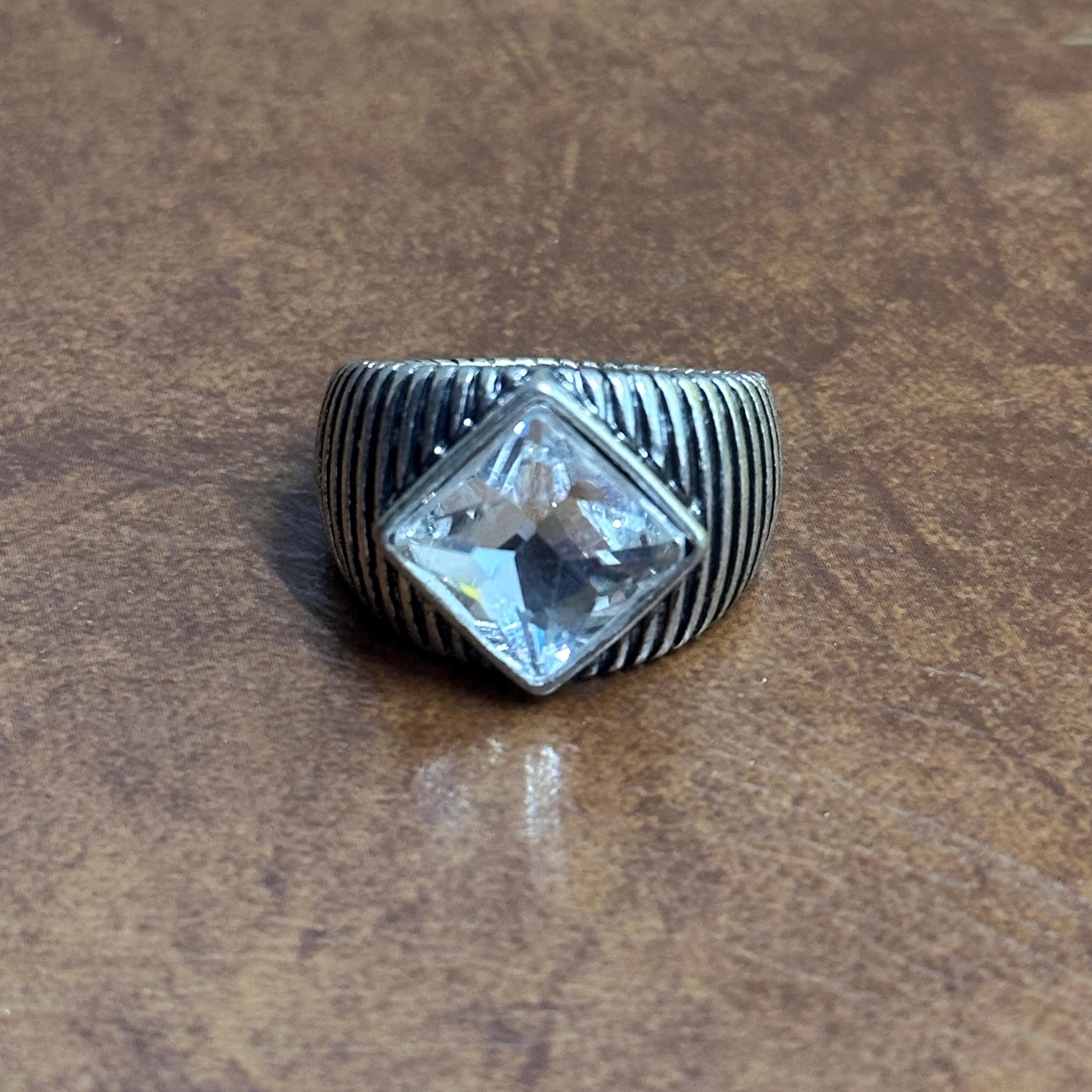 Vintage 80s Chunky Art Deco Style Clear Glass Gemstone Ring Statement - Size Q 1/2