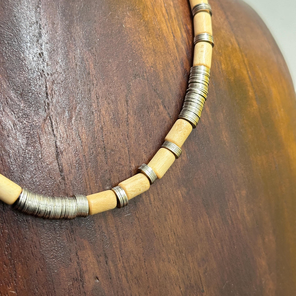 Vintage Chunky Hippie Boho Tribal Cream Wooden Bead Necklace Stretch Unique Gift